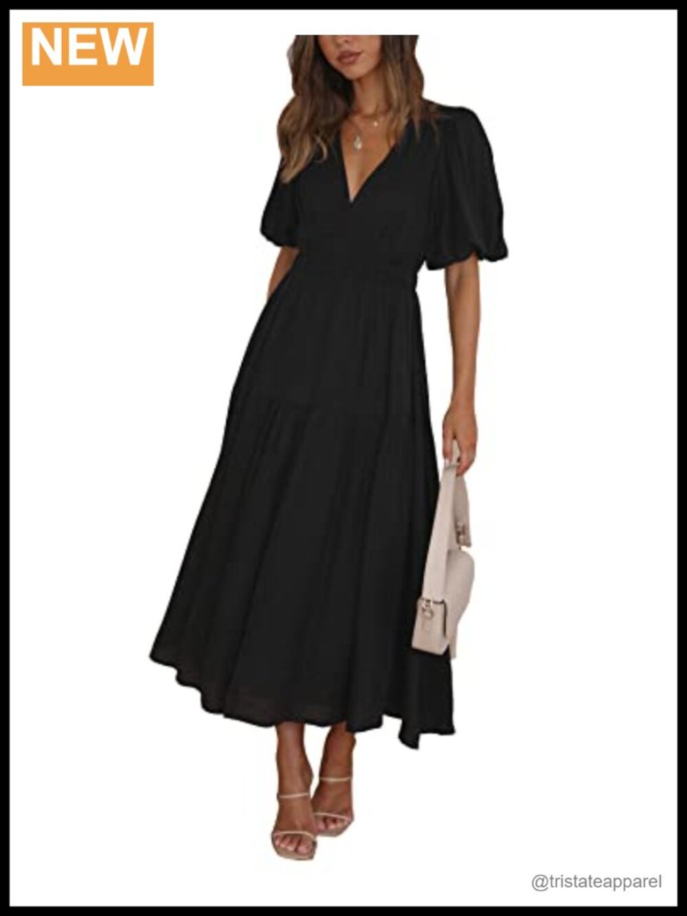 Women's V Neck Puff Sleeve A Line Tiered Midi Dress